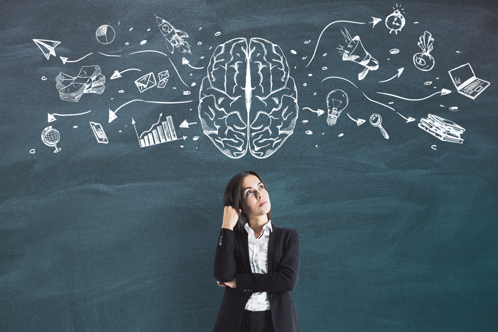 Brainstorming Concept With Pensive Businesswoman Looking At Blackboard With Handwritten.
