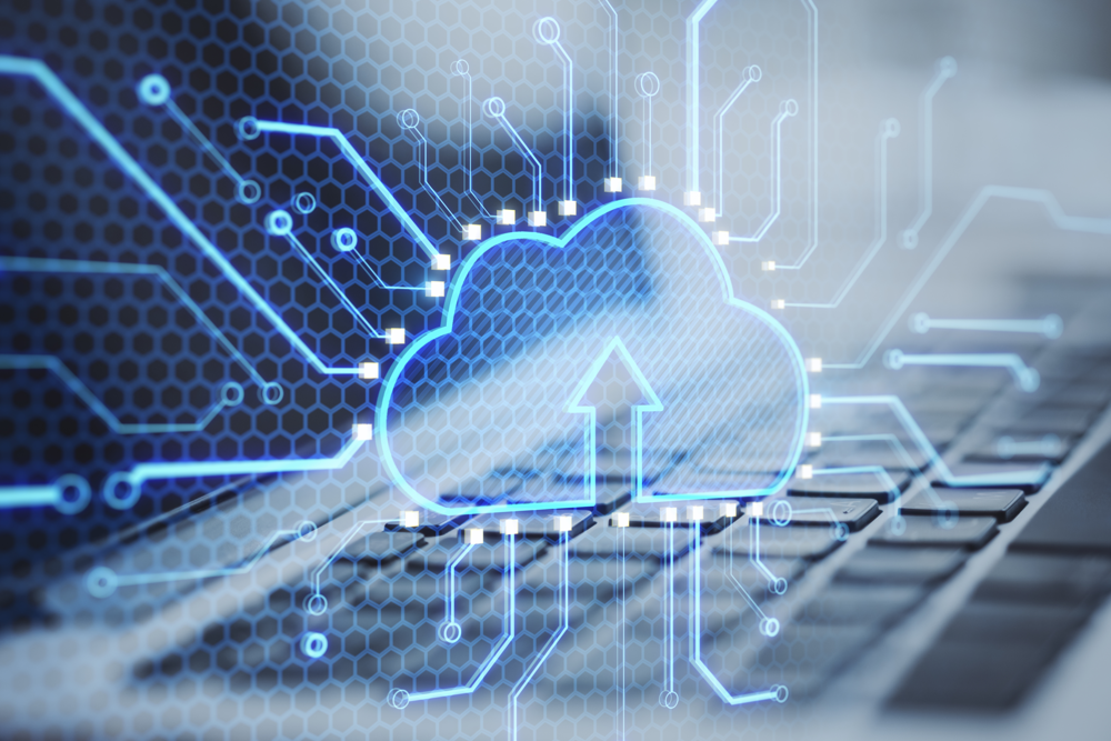 Close Up Laptop Keyboard With Abstract Glowing Cloud And Chip Interface On Blurry Background. Cloud