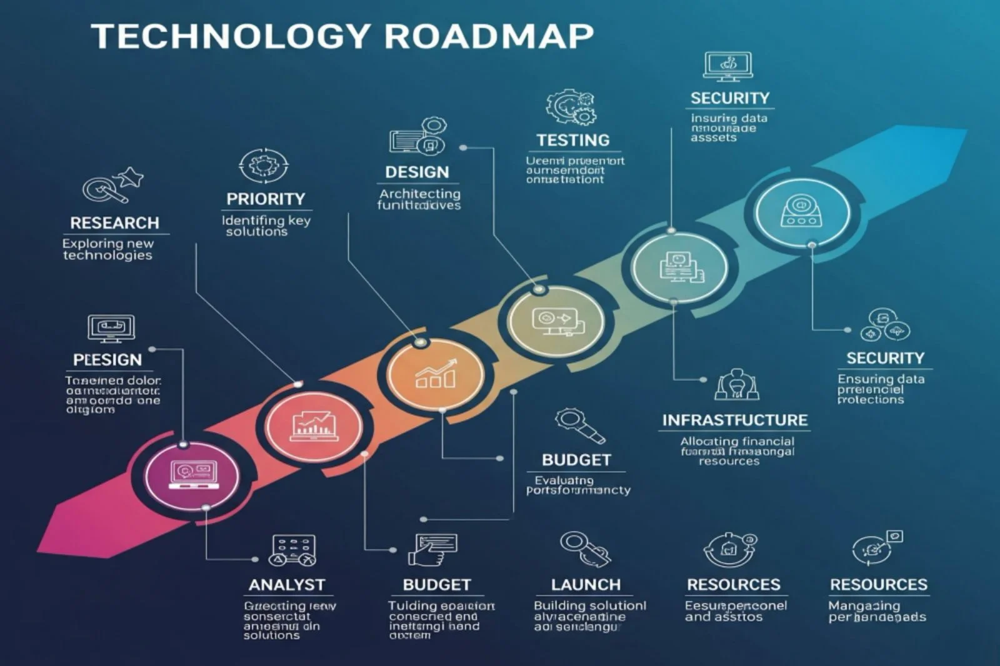 Titled technology roadmap, with six circles on a line, with fourteen titles and descriptions. 